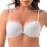 LORMAR Sujetador balconette de encaje doble Super Push UP Copas 2 tallas grandes (1, blanco)