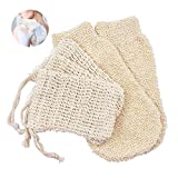 2 uds Guantes Exfoliantes en Fibra de Bambú, Guante Crin de Caballo y 3 uds Bolsa de Jabón Sisal Natural-...